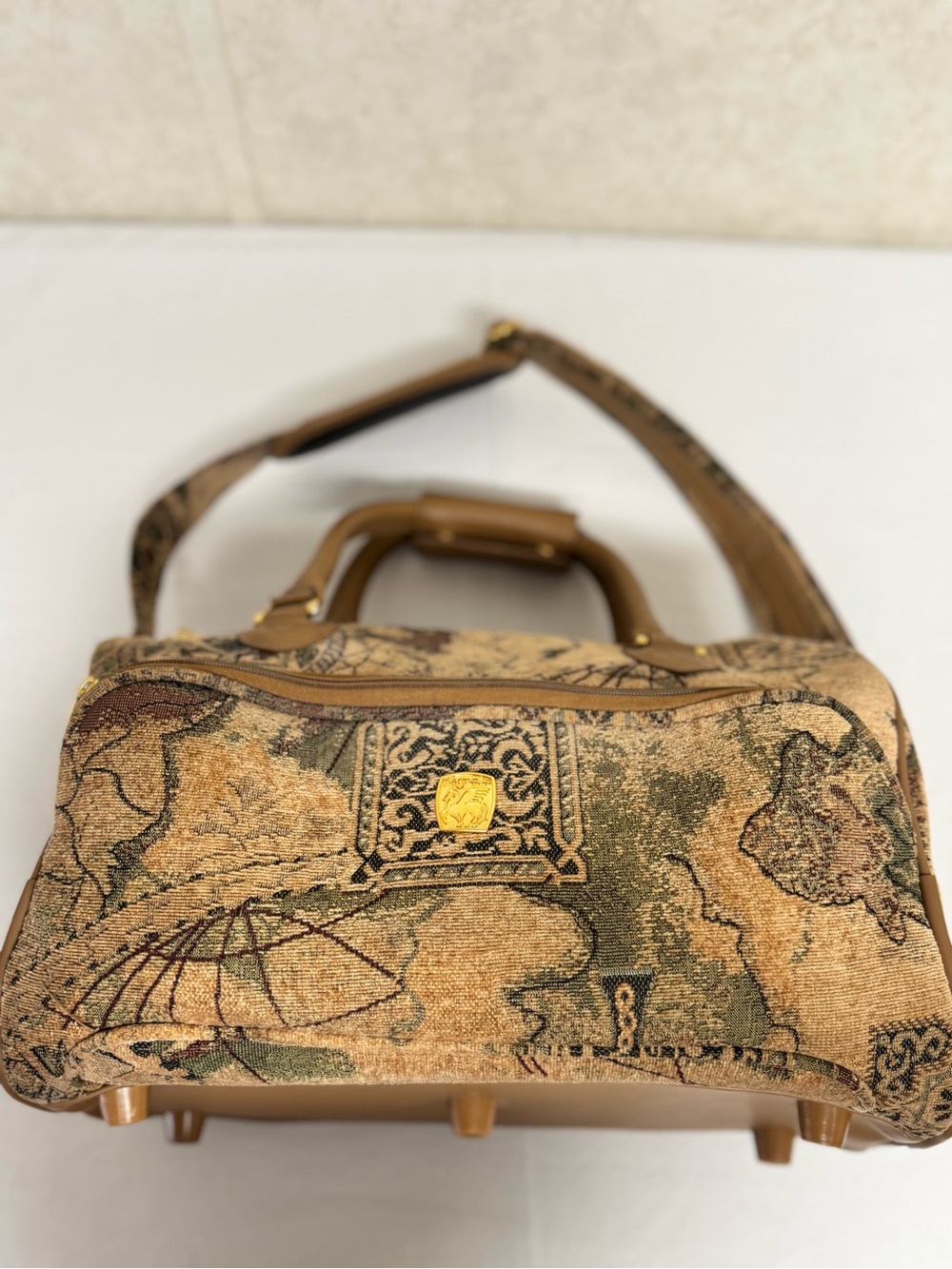 Brown Map-Print Satchel with Tan Trim